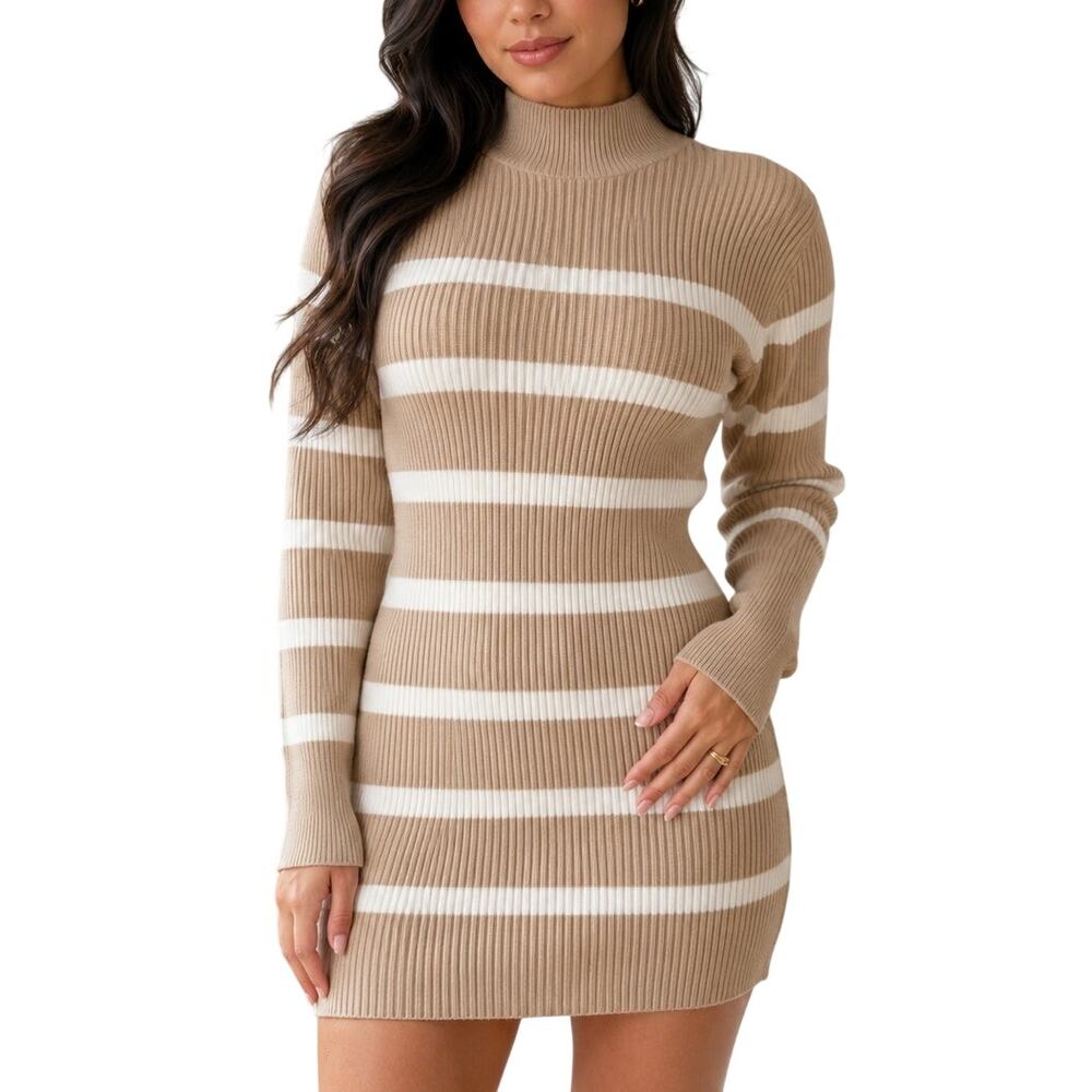 Abercrombie Tan Cream Striped Mockneck Sweater Mini Dress XS